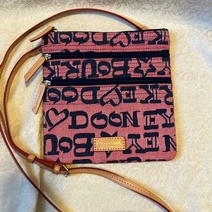 Dooney & Bourke Light Red & Navy Logo Print with Tan Leather Trim Crossbody Bag!
